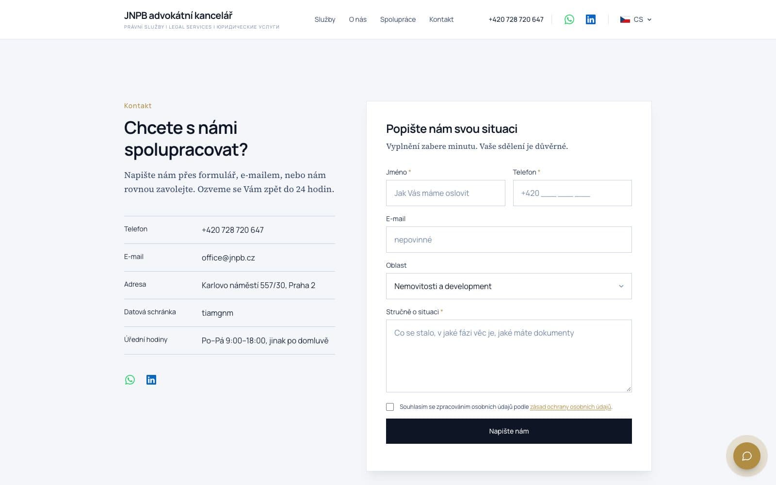 Kontaktní formulář a údaje kanceláře na webu JNPB