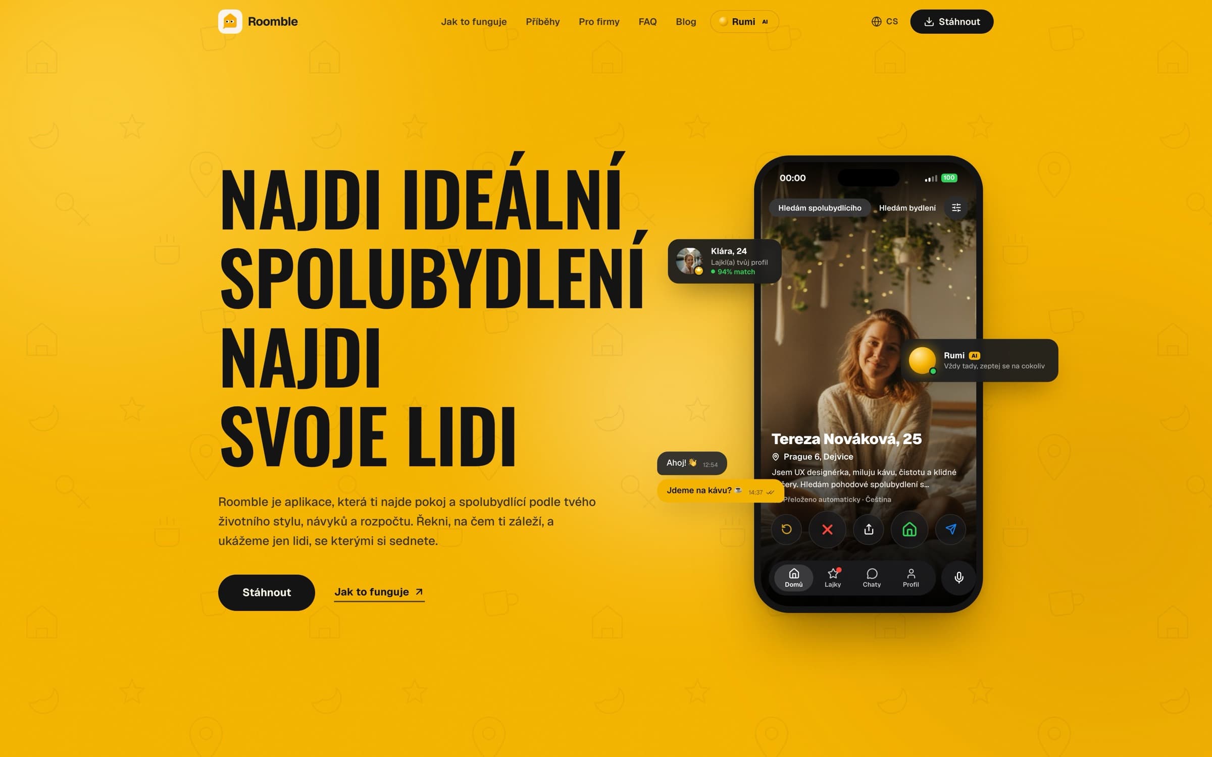 Úvodní strana Roomble s náhledem mobilní aplikace