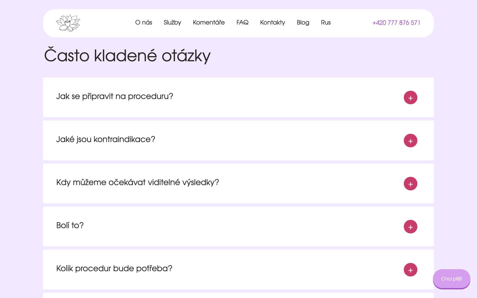 Sekce s častými dotazy na webu Epilas