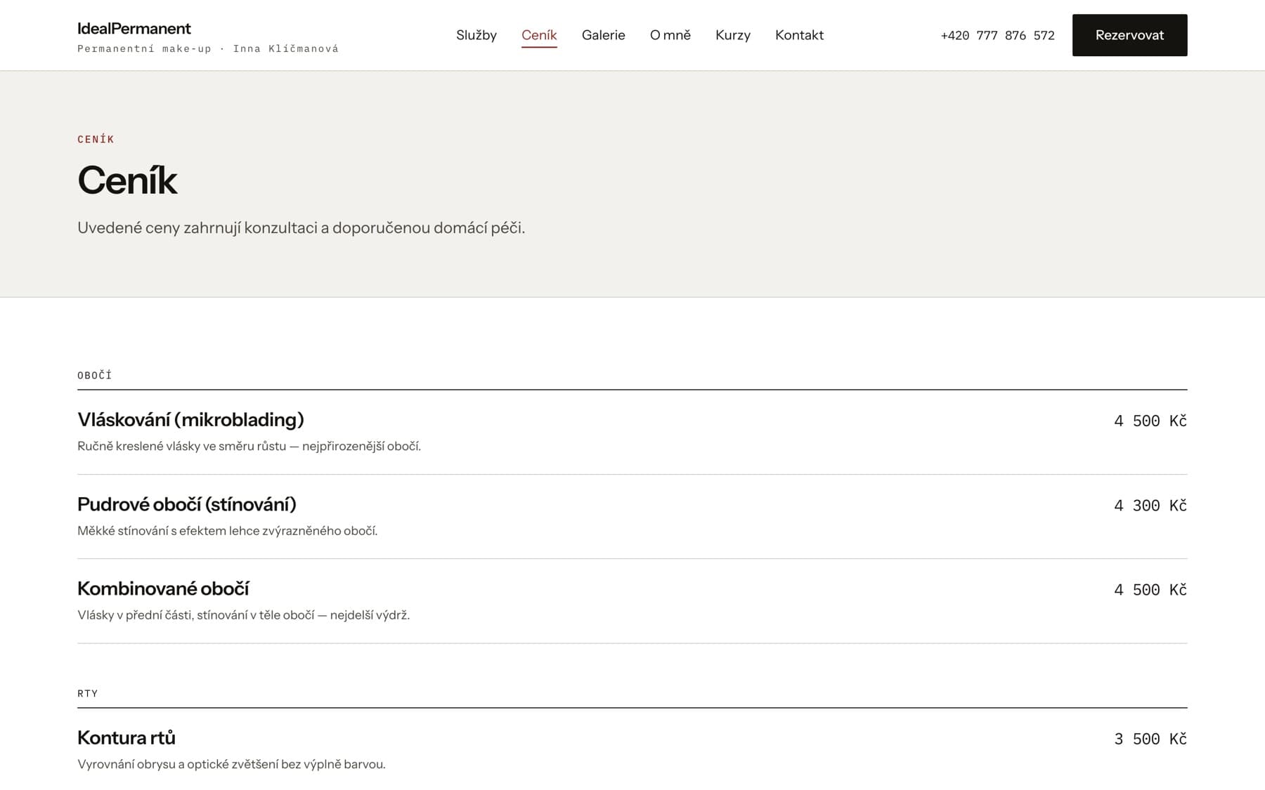 Ceník procedur na webu IdealPermanent
